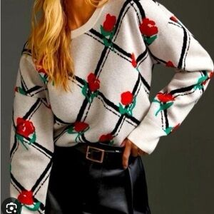 Maeve by Anthropologie Camryn Crew Neck Rose Trellis Sweater